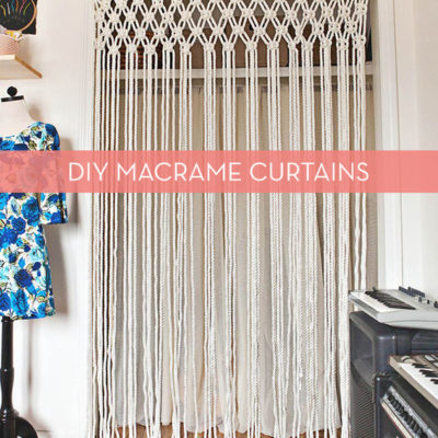 Do it yourself macrame curtains are displayed in a doorway, hung from a brown curtain rod.