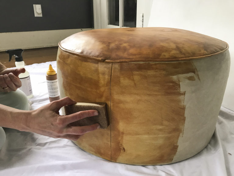 Salvage An Old Leather Ottoman With Leather Dye Curbly   Stain Leather Ottoman 6 768x576 