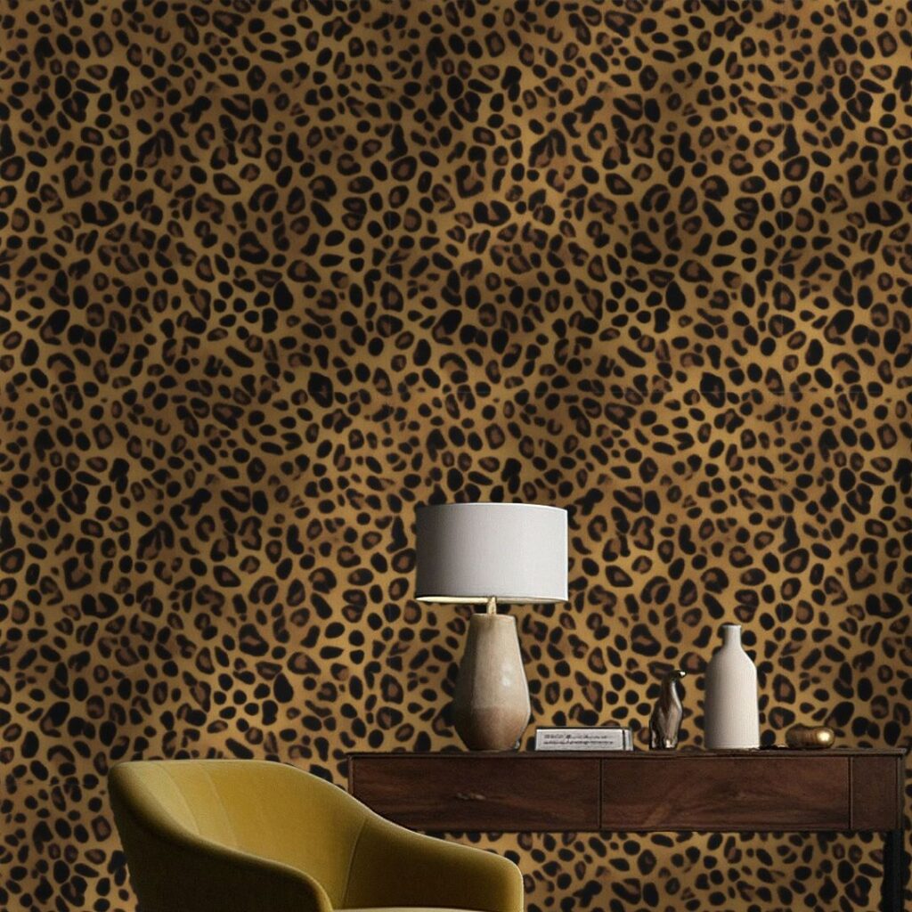 Leopard print wallpaper with wooden table and green chair.