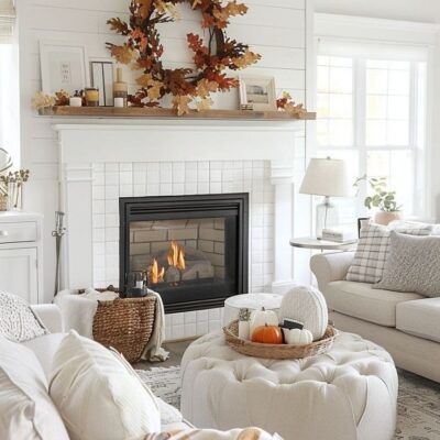 White mantel with wreath in living room with white couches