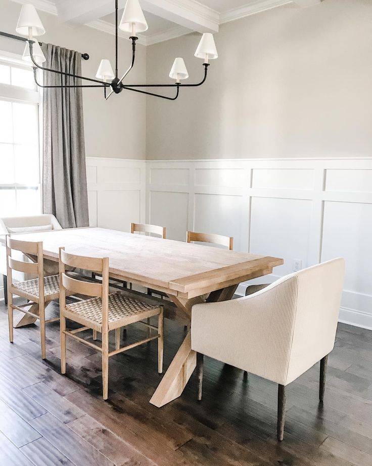 White wainscoting in dining room with light brown table