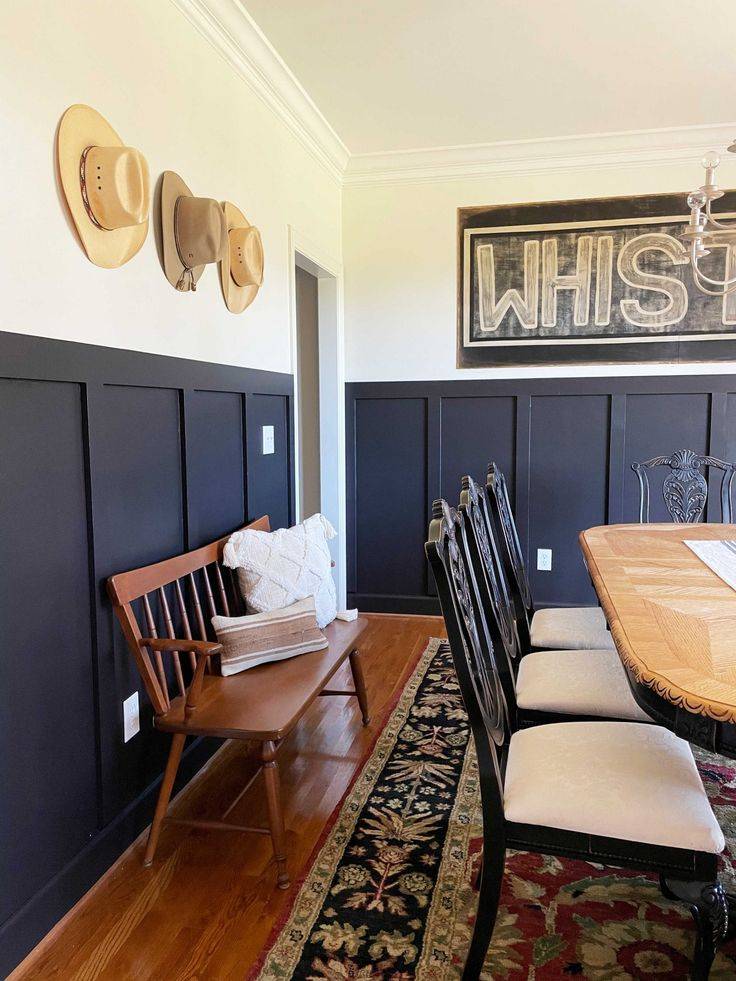 Blue flat panel wainscoting in dining room