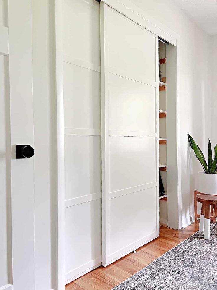 White closet sliding doors with trim and wood floors