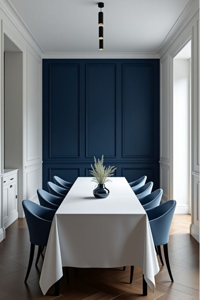 White dining room table with blue chairs and large wall of blue wainscoting