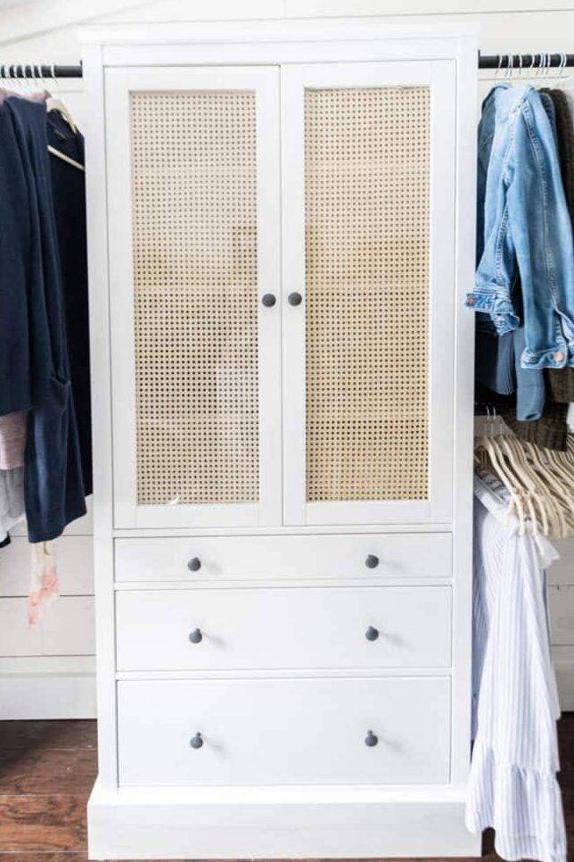 Open and closed white IKEA closet with bamboo closet doors