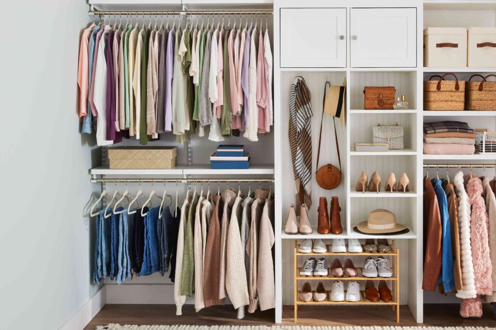 IKEA closet with brown shoe rack at bottom shelf 