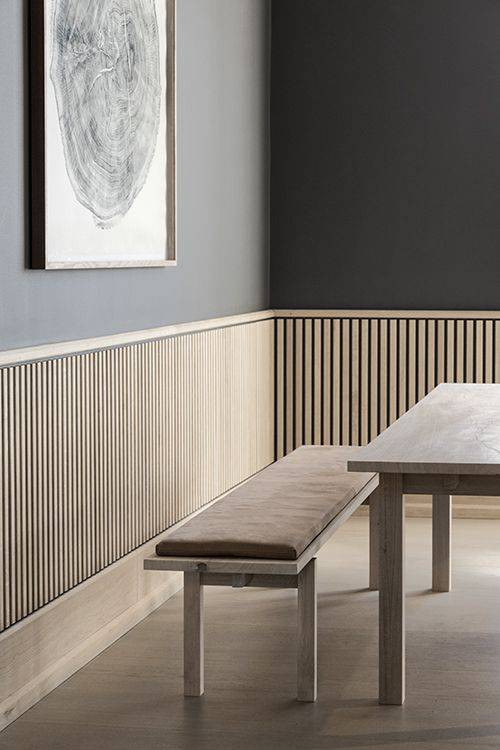 modern fluted light wood wainscoting in the dining room. 