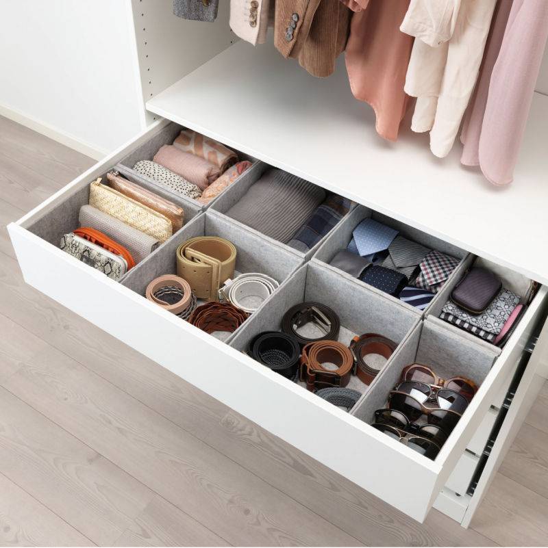 White drawer organizer in IKEA closet 