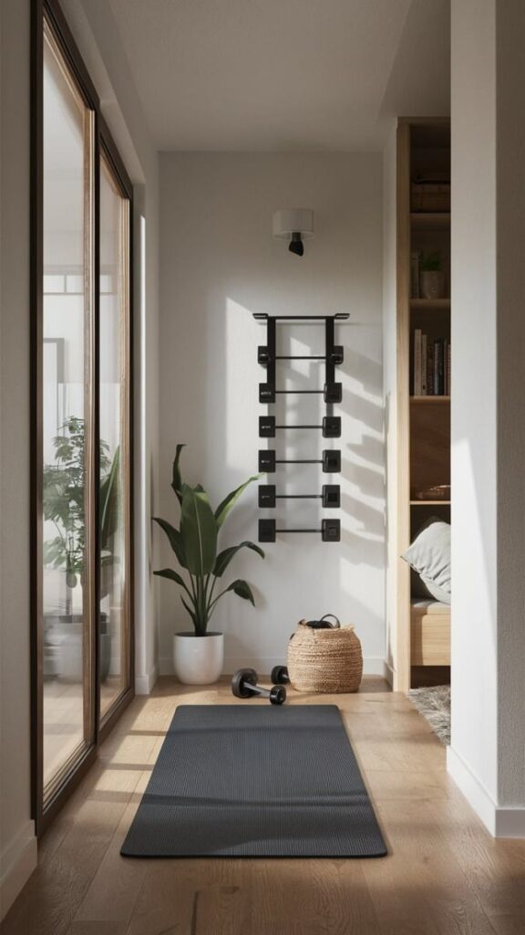 Large window with weights on wall and grey yoga mat